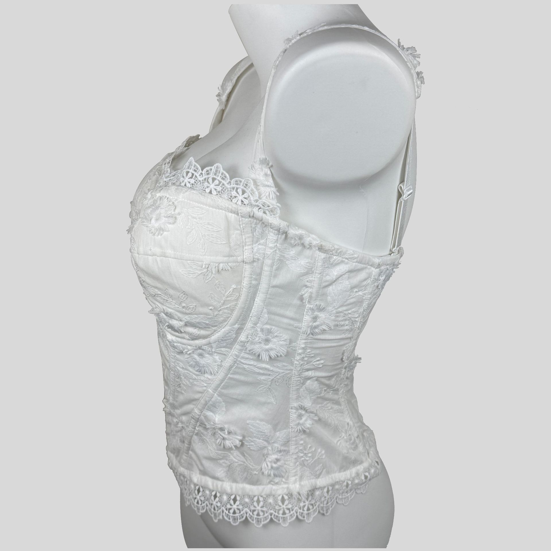 White Lace Cami Corset Top - 3D Floral Embroidery Bone Shaper Bustier